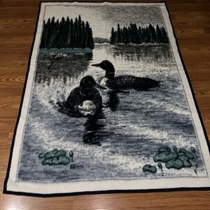 Vintage Two Loons On A Lake Lily Pad Reversible Fleece Throw Blanket 54 x 77